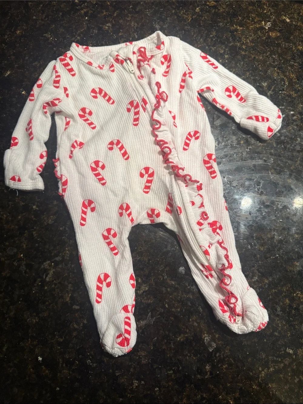 Candy Cane Print One-Piece Footed Pajamas - White & Red NEWBORN Ruffle Bottoms